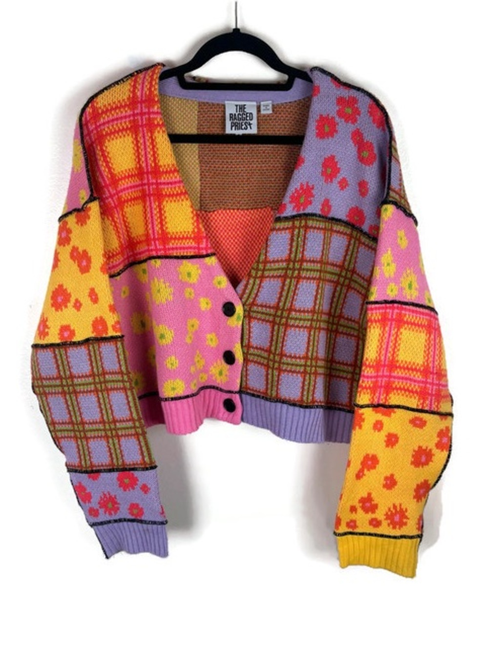 The Ragged Priest Plaid Floral Knit Patchwork Buttoned Sweater in Multicolor